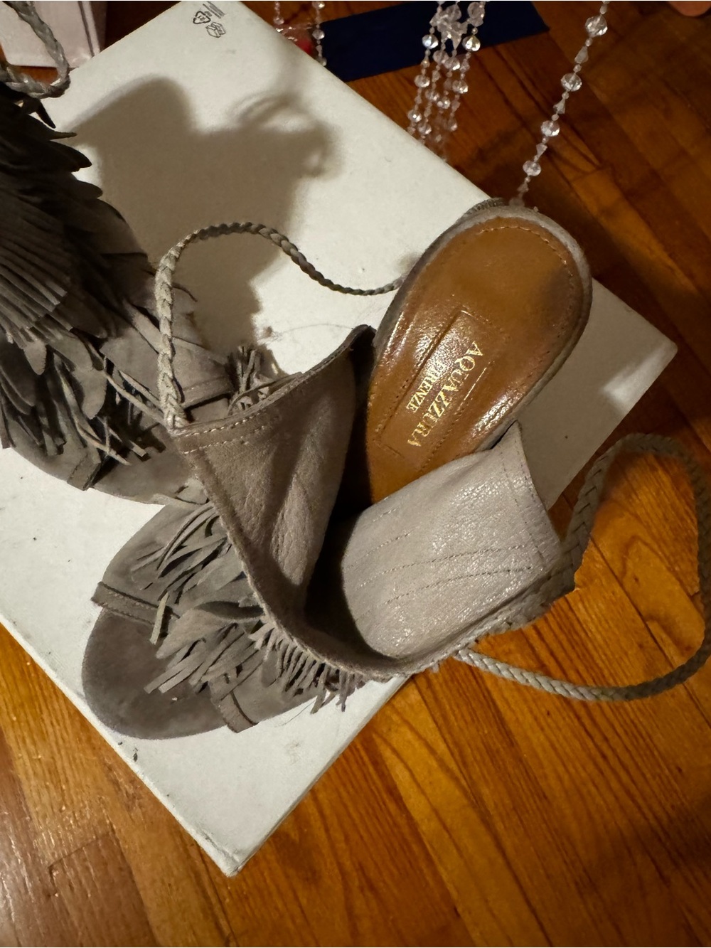 Aquazzura Taupe Suede Fringe Slip-On Mules